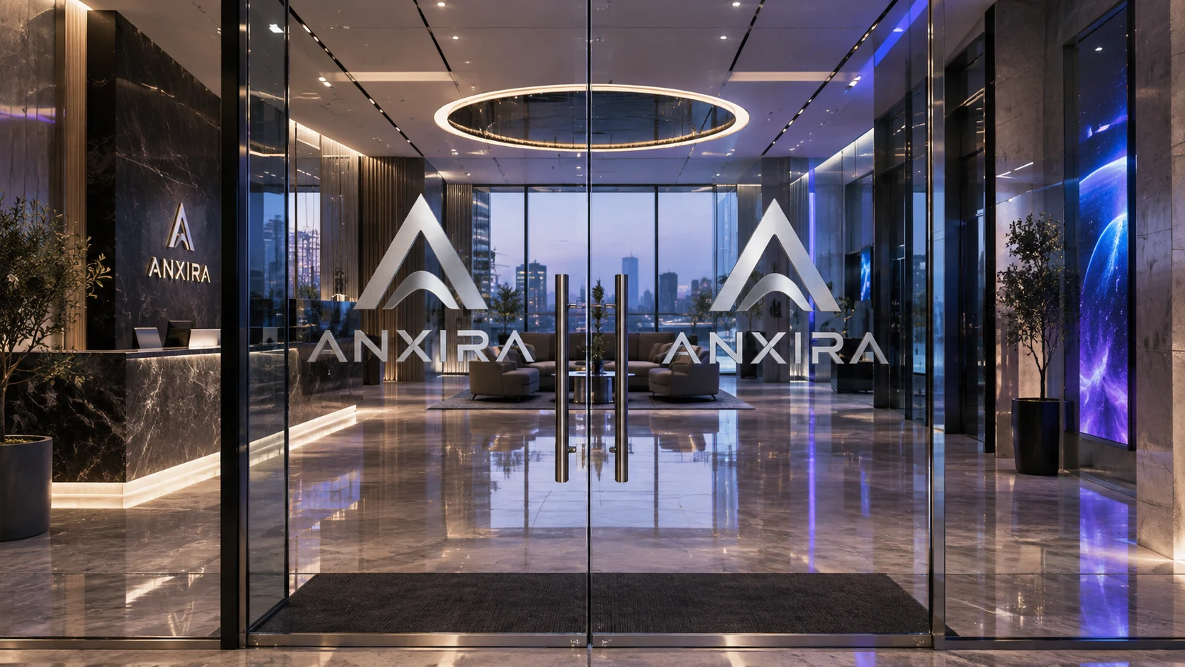 Realistic ANXIRA office entrance with branded glass doors